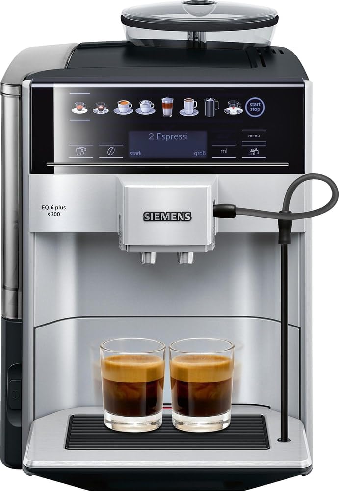 SIEMENS Volautomatische koffiemachine EQ6 plus s300 TE653501DE, voor vele koffiespecialiteiten, melkopschuimmondstuk, keramisch maalwerk, dubbele kopfunctie, antikalk, automatische stoomreiniging, 1500 W, zilver