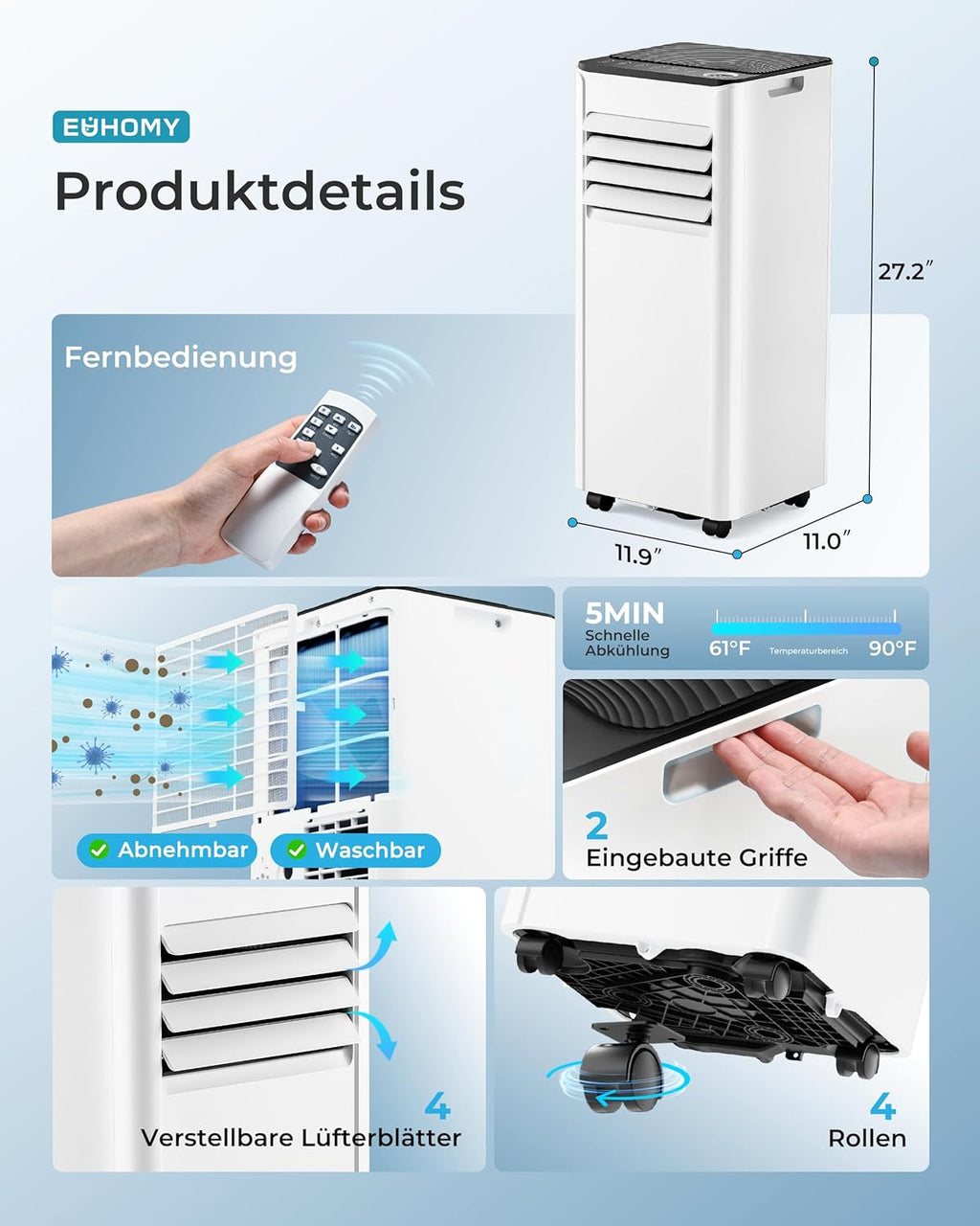 Mobiele airco 9000 BTU met afvoerslang | 4-in-1 Mobiele airconditioner | Stille werking