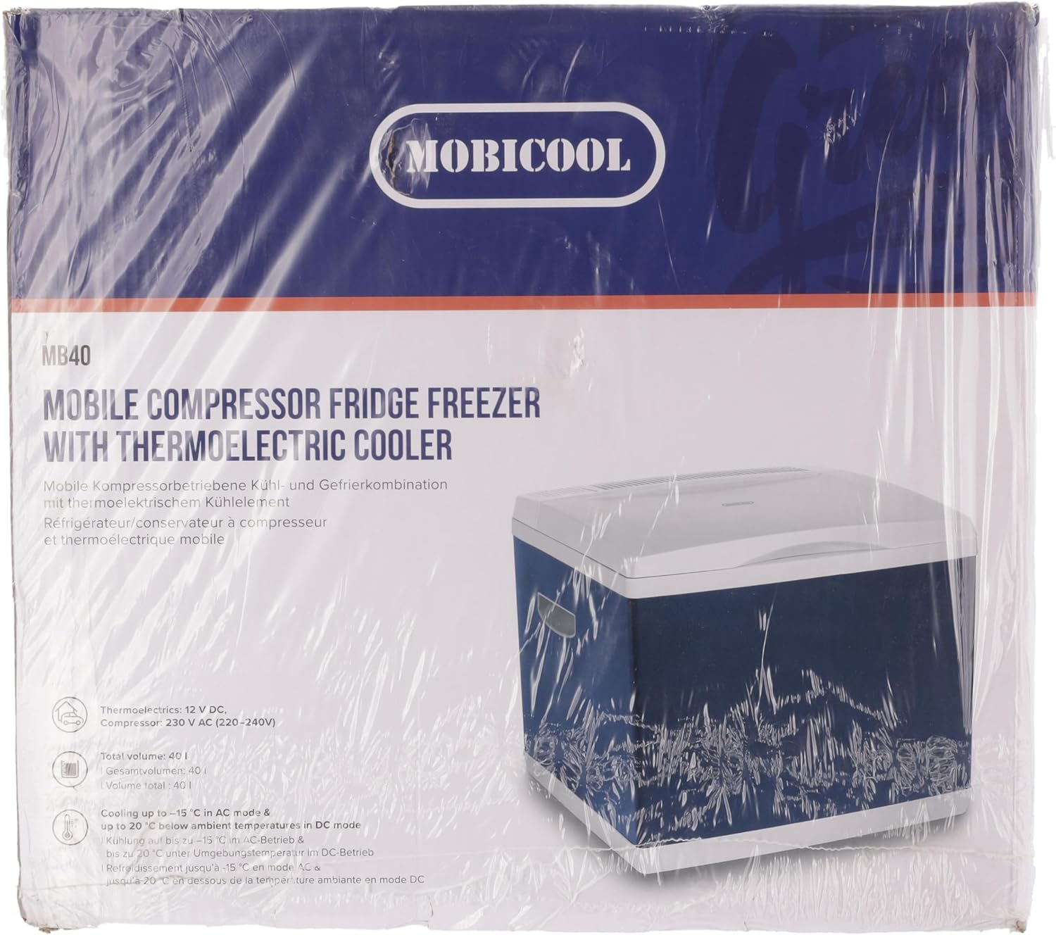 Mobicool MB40, Hybride, draagbare compressor- thermo-elektrische koelbox/vriezer, 38 liter, 12 V en 230 V voor auto, vrachtwagen, stopcontact, Blauw
