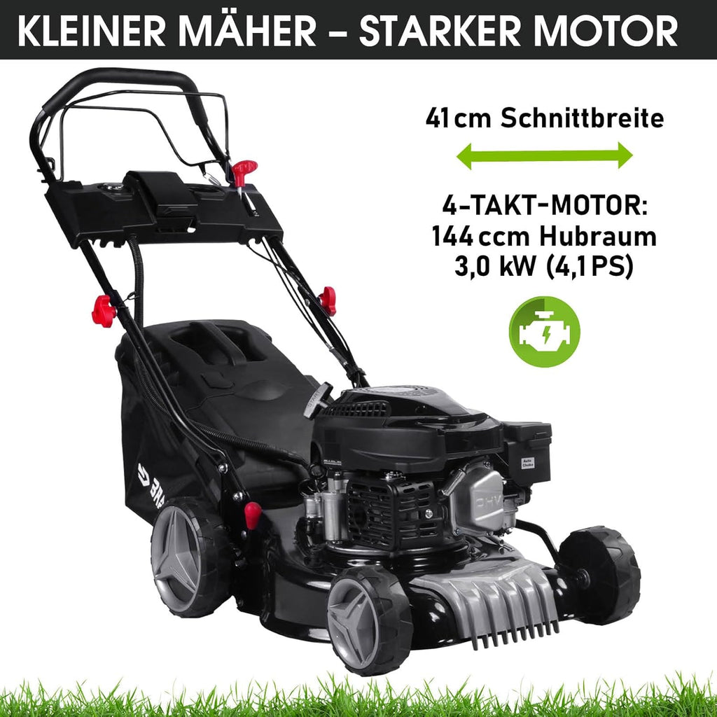 BRAST Benzine grasmaaier met aandrijving | 3,0 kW (4,1 pk) | Elektrische start | 41 cm maaibreedte | vele modellen | TÜV | 4-takt OHV-motor | 25-75 mm maaihoogte | 40 L opvangbak | Stalen behuizing | 16145 Estart