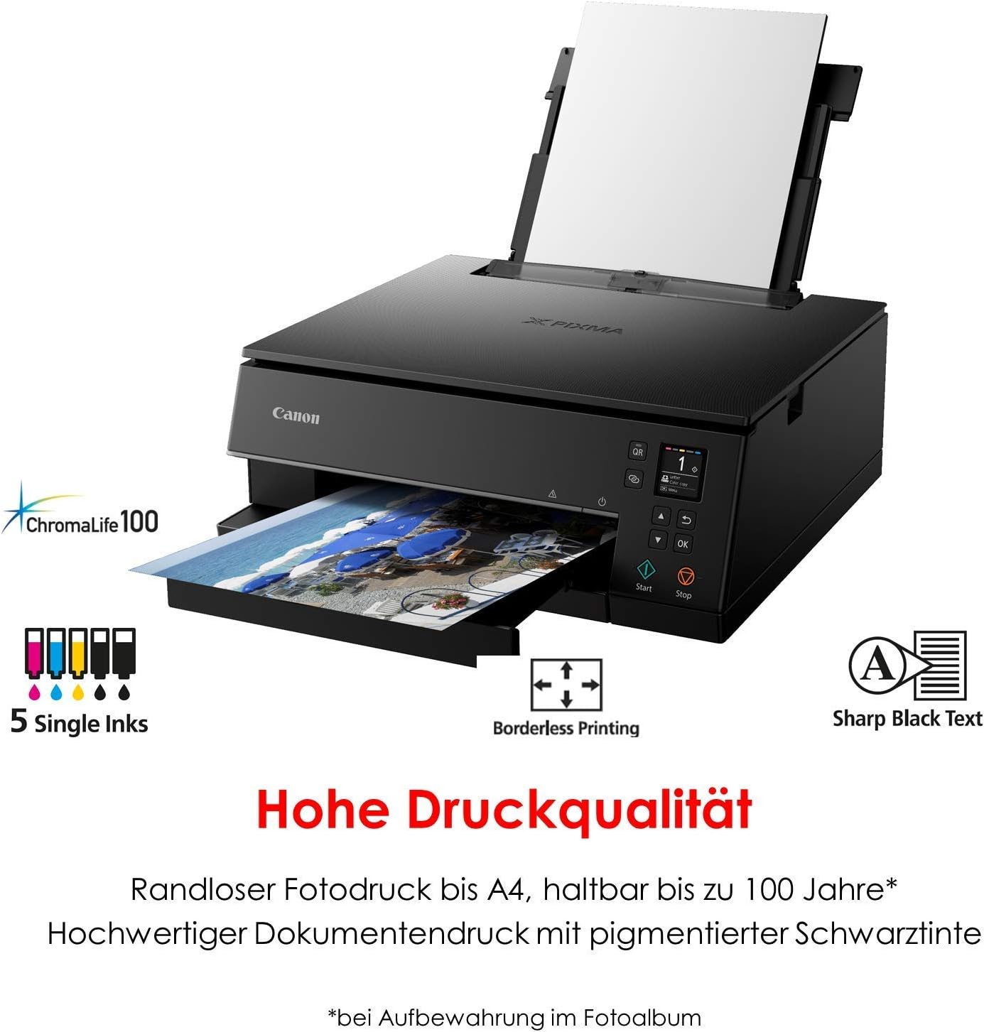 Canon PIXMA TS6350a printer, kleureninkjet multifunctioneel apparaat DIN A4 (fotoprinter, scanner, kopieerapparaat, OLED, 4.800x1.200 dpi, USB, WLAN, 5 afzonderlijke inkten, dubbelzijdig afdrukken, 2 papierladen), zwart