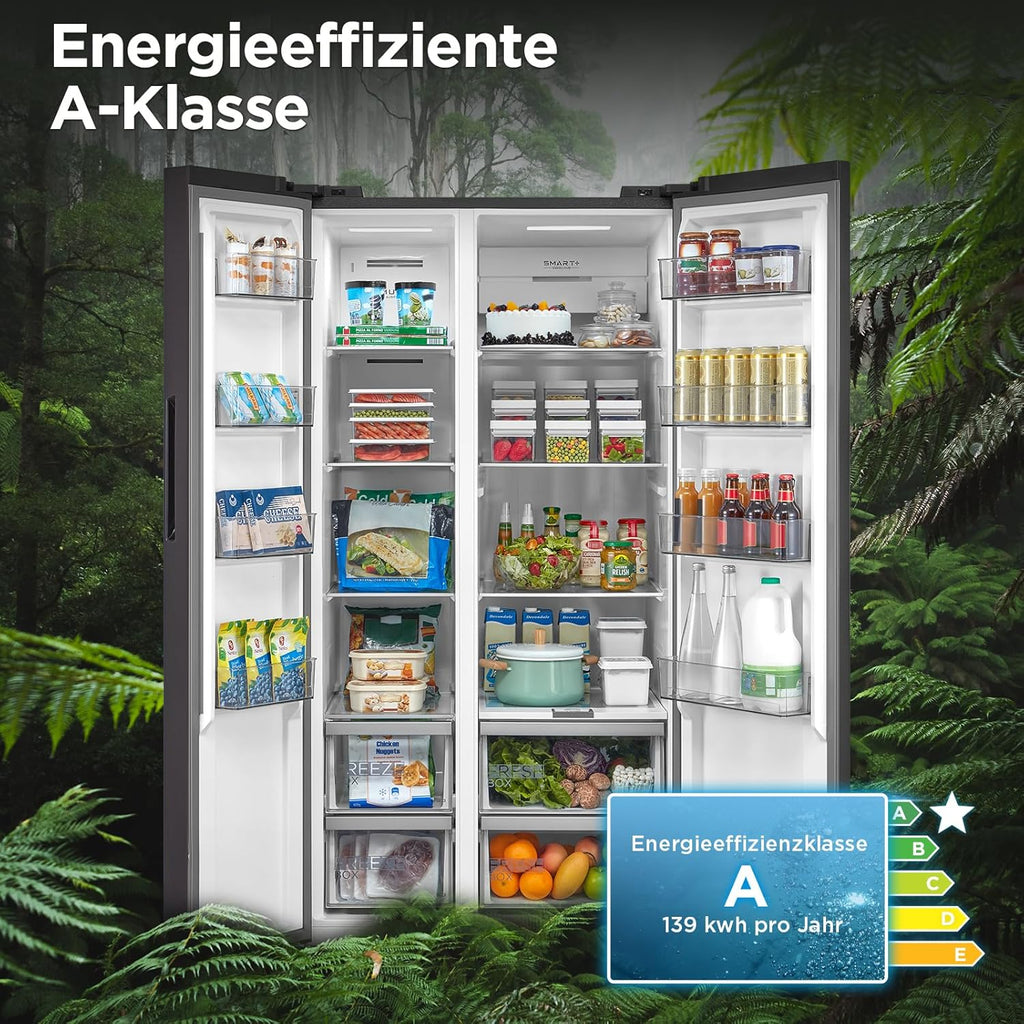 Midea KS-DDX 6.32 WT Amerikaanse koelkast/178,8 cm hoogte/254 kWh/jaar/No Frost/Dual Inverter Compressor/met 3-in-1 water-/ijsdispenser en watertank, Dark Inox