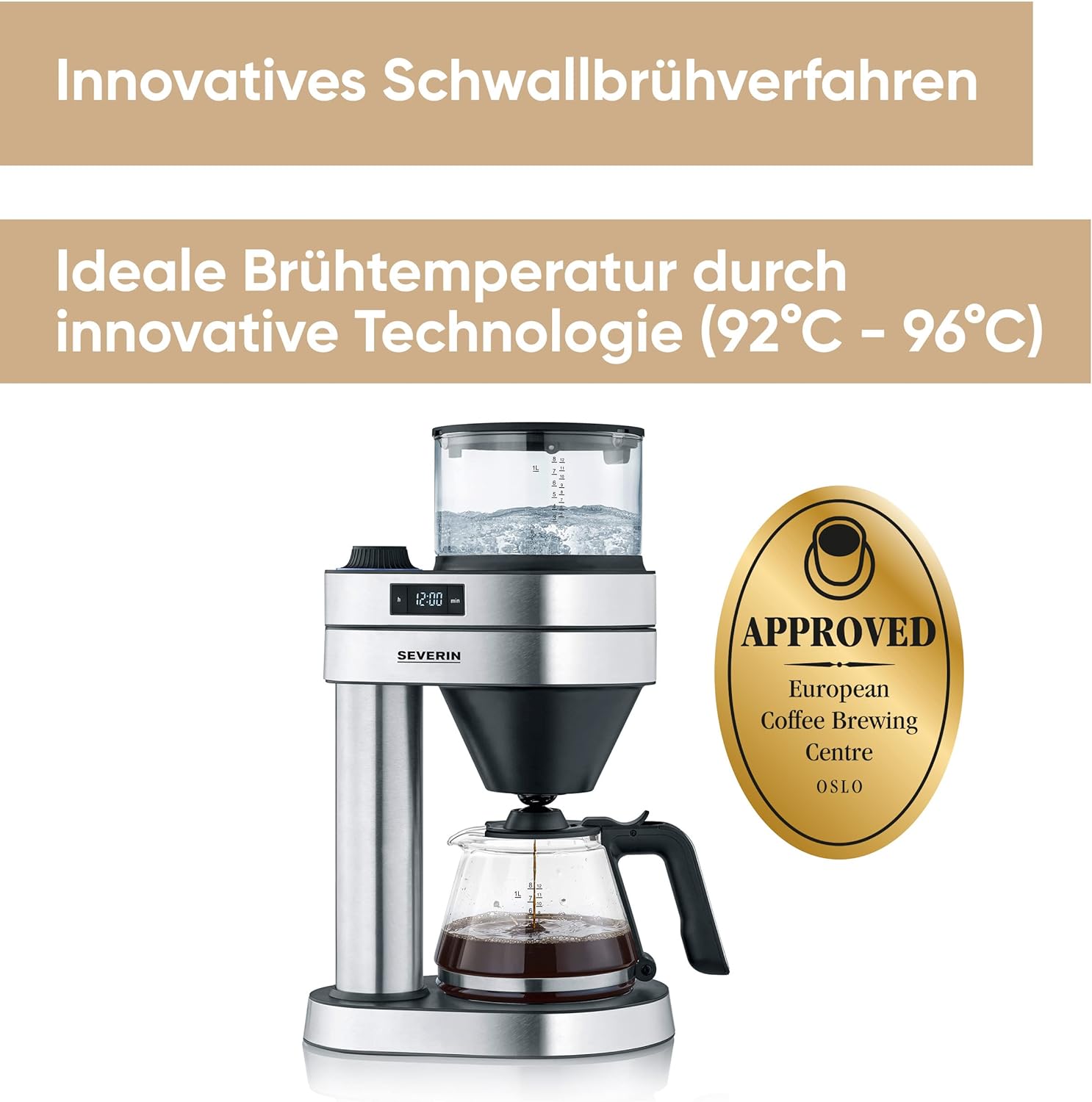 SEVERIN Filterkoffiezetapparaat Caprice, handopgegoten zoals met de cafetière voor maximaal 8 kopjes, koffiezetapparaat met timer, geborsteld roestvrij staal/matzwart, KA 5760