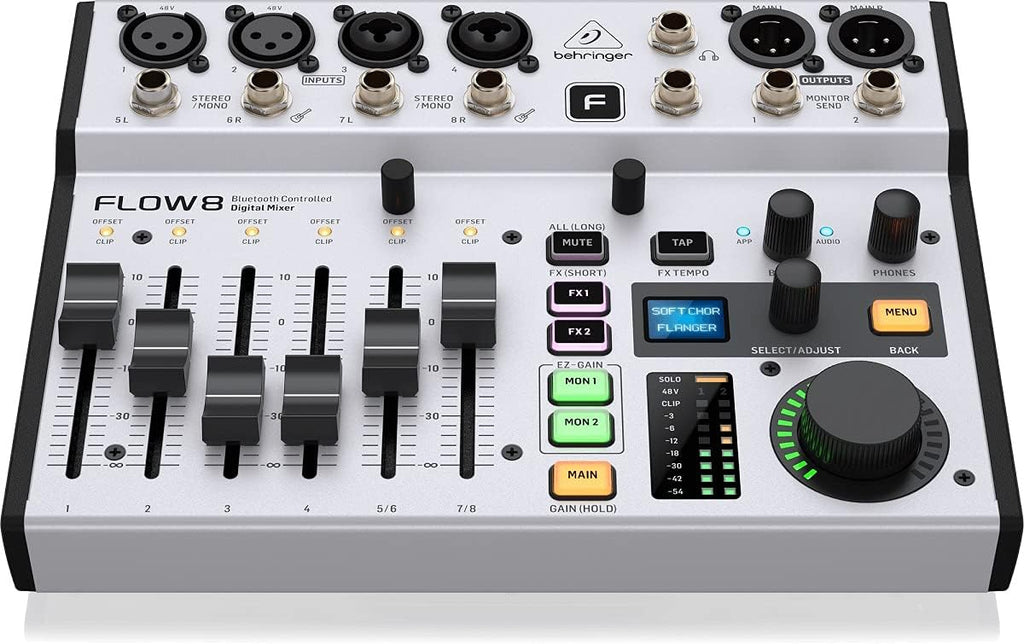 Behringer FLOW 8 digitale mixer met 8 ingangen en Bluetooth-audio en app-bediening, faders van 60 mm, 2 FX-processors en USB/audio-interface