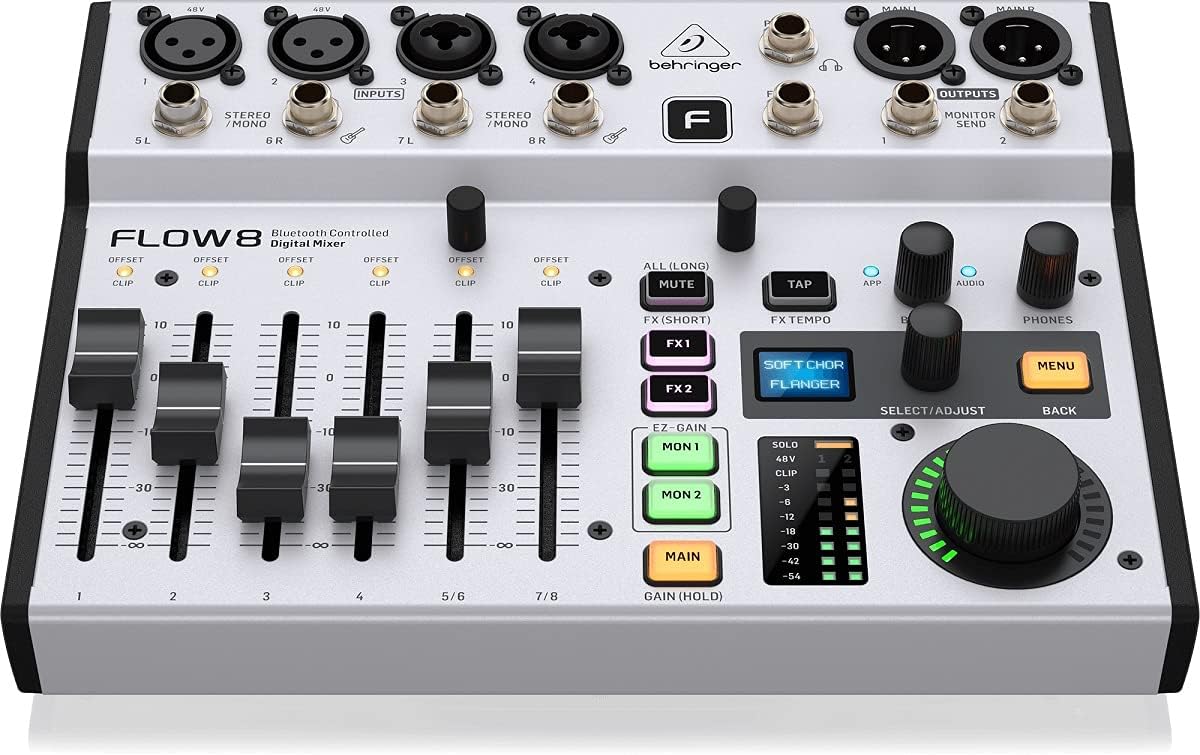 Behringer FLOW 8 digitale mixer met 8 ingangen en Bluetooth-audio en app-bediening, faders van 60 mm, 2 FX-processors en USB/audio-interface