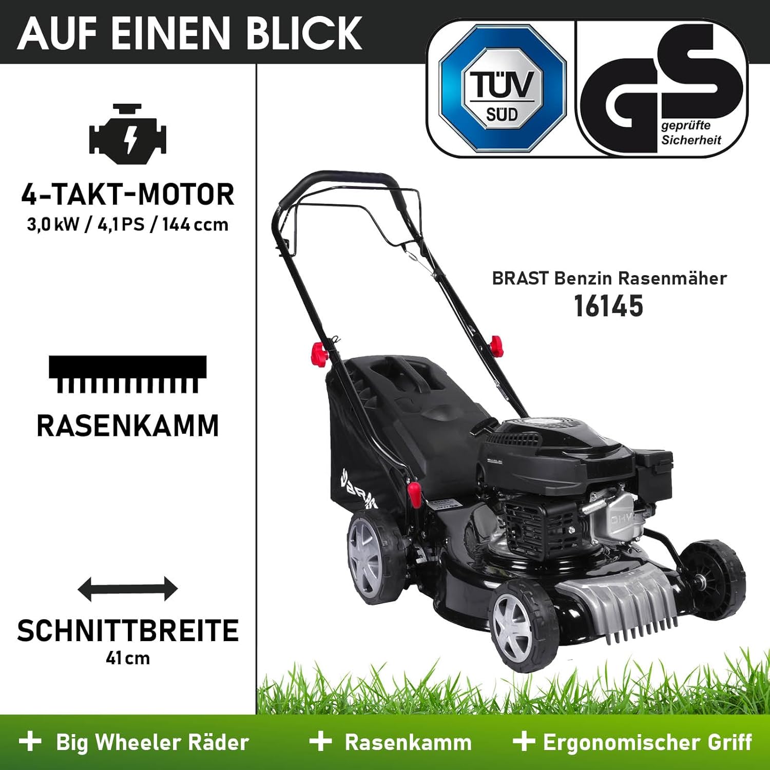 BRAST Benzine grasmaaier met aandrijving | 3,0 kW (4,1 pk) | Elektrische start | 41 cm maaibreedte | vele modellen | TÜV | 4-takt OHV-motor | 25-75 mm maaihoogte | 40 L opvangbak | Stalen behuizing | 16145 Estart