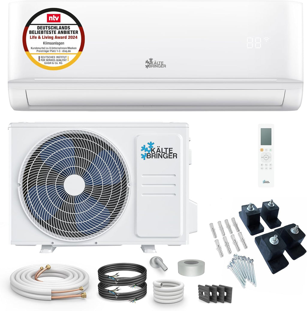 Kältebringer Split Airconditioner - 9000 BTU (2,6 kW) - Airco met Verwarming, WiFi & App, tot 45m², zeer stil - Set met 5m Koperleiding, Koudemiddel R32, Montagemateriaal, Wandbeugel