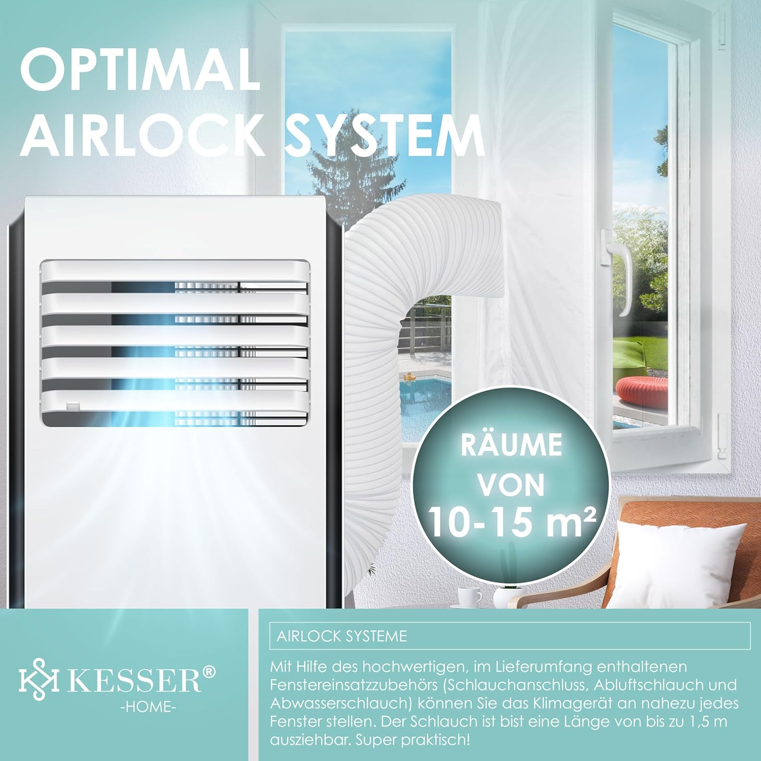 KESSER® Mobiele airco 4-in-1 koelen | Luchtontvochtiger ventileren | Ventilator 9000 BTU/u 1005W | Mobiele airconditioning met montagemateriaal, afstandsbediening & timer | Nachtmodus & 360° wielen