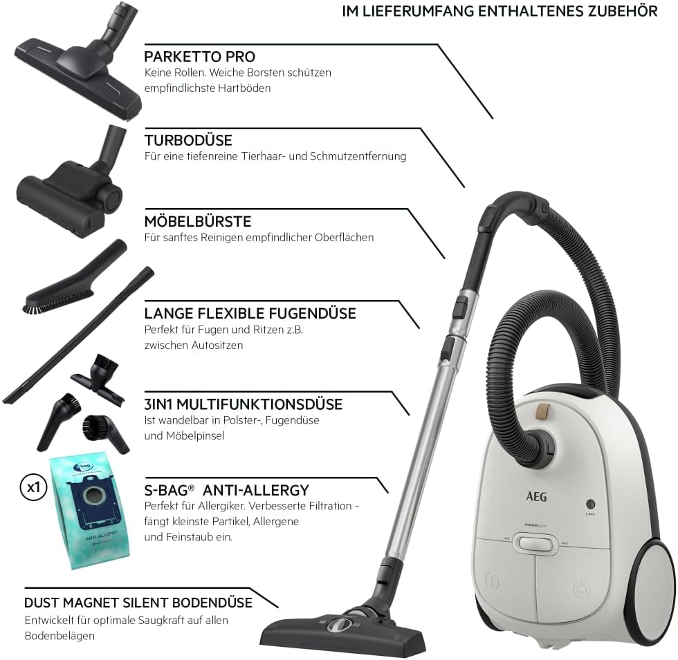 AEG CLEAN 6000 AB61C2DB stofzuiger met zak / hoge zuigkracht / incl. meubelmondstuk / 50% gerecycled plastic / ideaal voor huisdiereigenaren / reiniging van bekleding / 12 m snoer / 750 W / Blauw