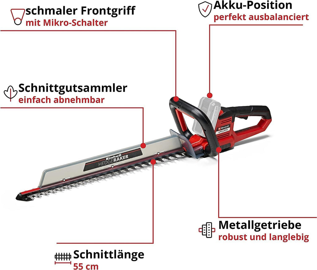 Einhell Accu-heggenschaar ARCURRA 18/55 Power X-Change (18 V, 55 cm snijlengte, 18 mm tandafstand, incl. snoeiafvalvanger, smalle frontgreep, zonder accu)