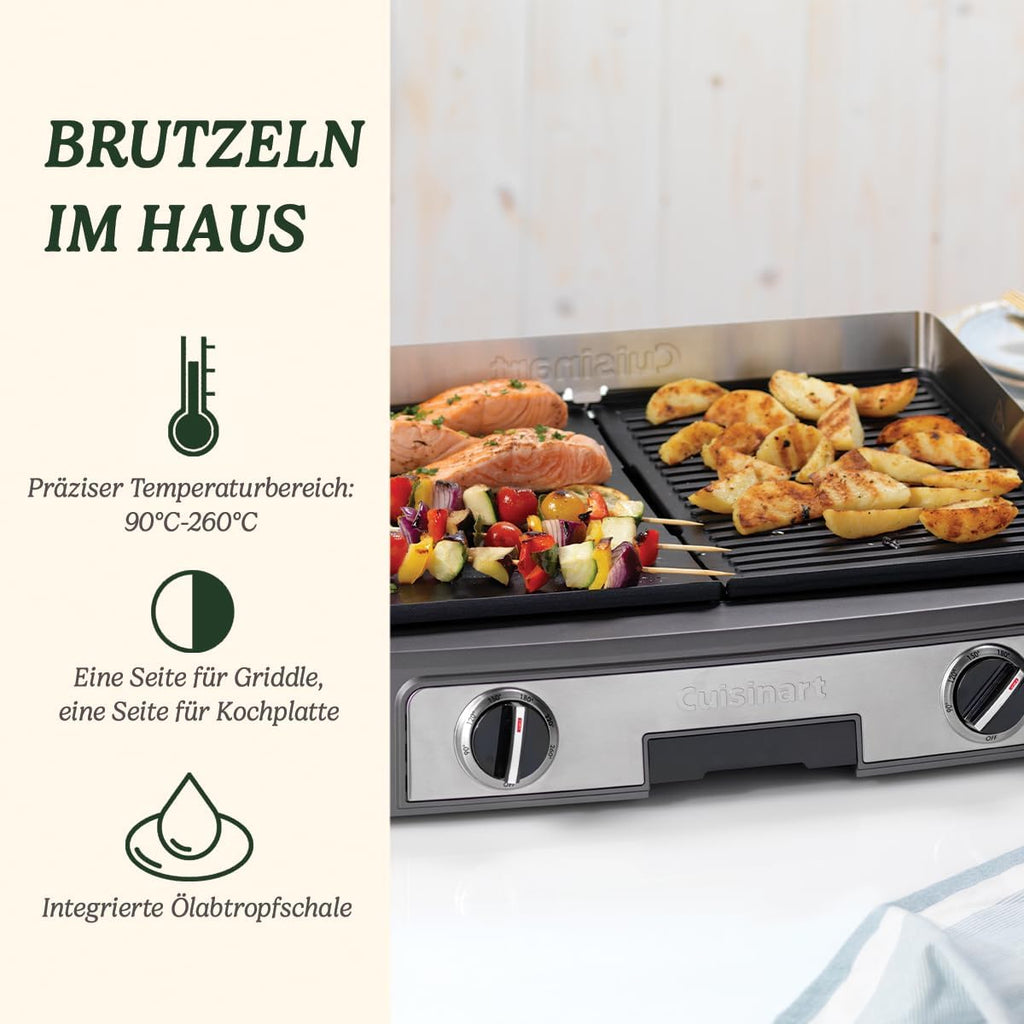 Cuisinart Hot Plate Entertaining Grill & Griddle | XL Elektrische Plancha Grill, Teppanyaki Grillplaat voor thuis | Afneembare plaat met antiaanbaklaag, 2-zone temperatuurregeling tot 260°C