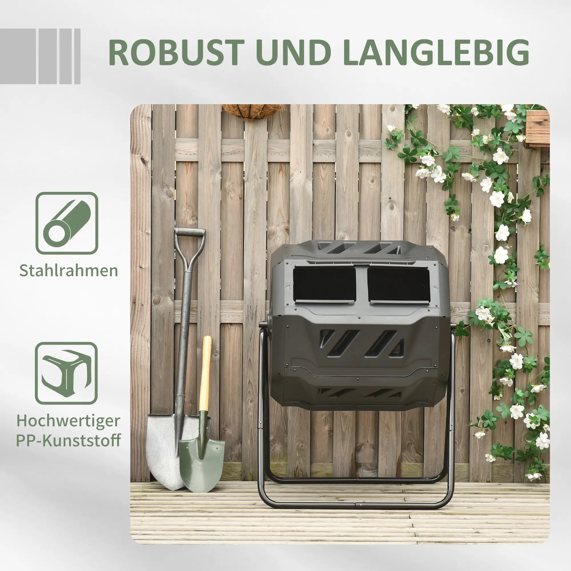 Outsunny Trommelcomposter met 2 kamers 360° draaibaar