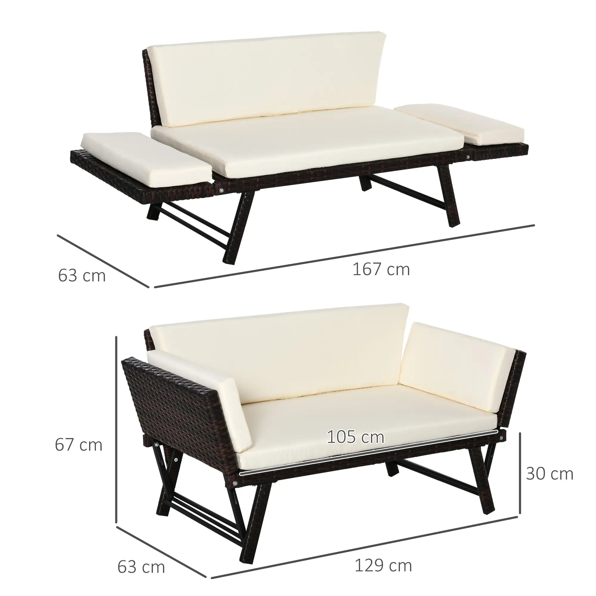 Outsunny Polyrattan Tuinbank 2-zits Opklapbare Armleuningen
