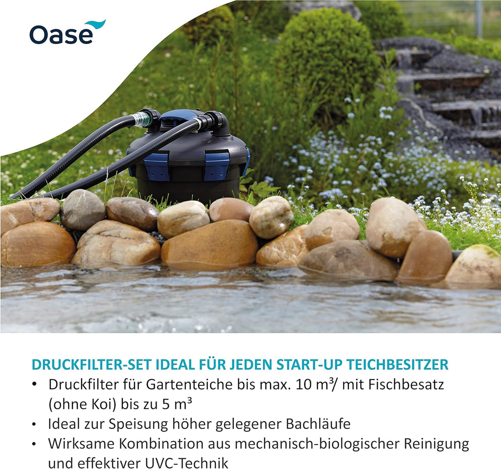 OASE 50499 Drukfilter BioPress Set 4000, vijverfilter filterset voor effectieve en snelle algenbestrijding, complete set incl. filterpomp en UVC-reiniger