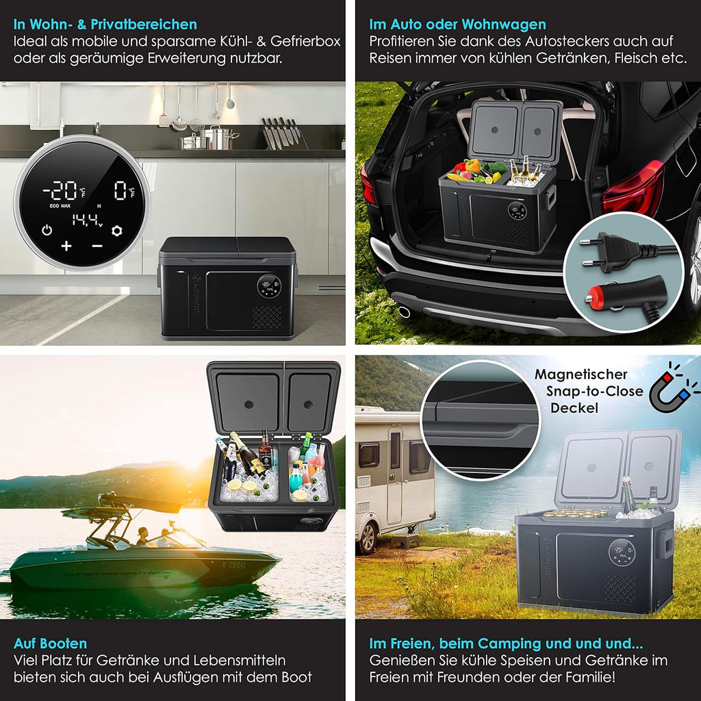 KESSER Kompressor Kühlbox 2in1 Doppelzone Kühl & Gefrierfach elektrische Gefrierbox mit 2x Kühlakkus & LED-Touch-Bedienung | Kühlschrank Kühlung bis -20 °C für Camping, Auto, Lkw 12/24V 230V