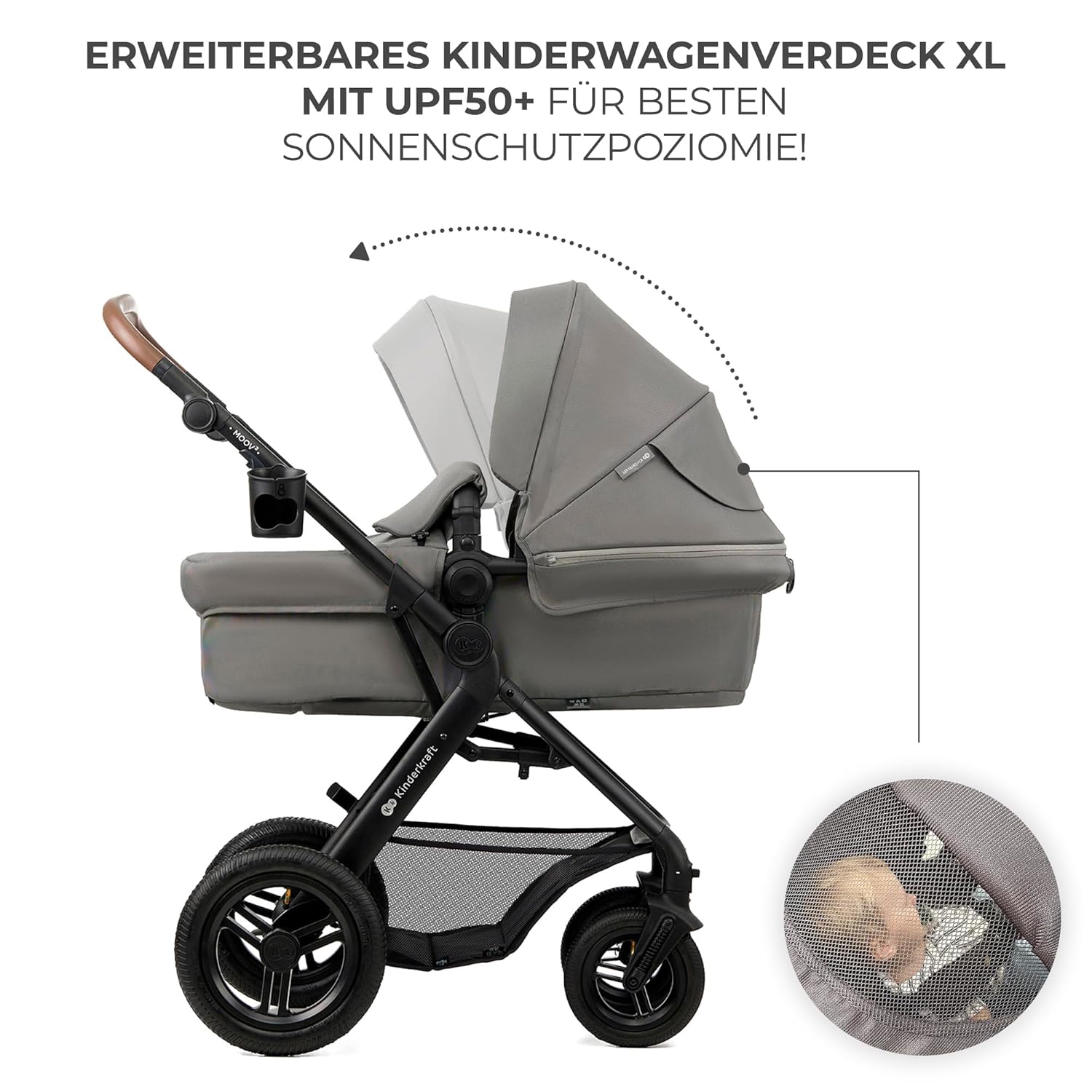 Kinderkraft MOOV2 AIR Kinderwagen 3 in 1 Kinderwagenset tot 26 kg met autostoel I-SIZE 40-75 cm, buggyfunctie, verstelbare ligstand, grote uitschuifbare kap, opblaasbare wielen, zwart
