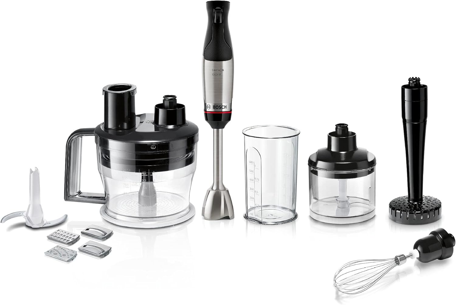 Bosch staafmixer ErgoMaster Serie 6 MSM6M673, 10 jaar motorgarantie, roestvrijstalen messen, slijtagevrije keramische koppeling, luchtkoeling, hakmolen, pureerstamper, garde, 1000 W