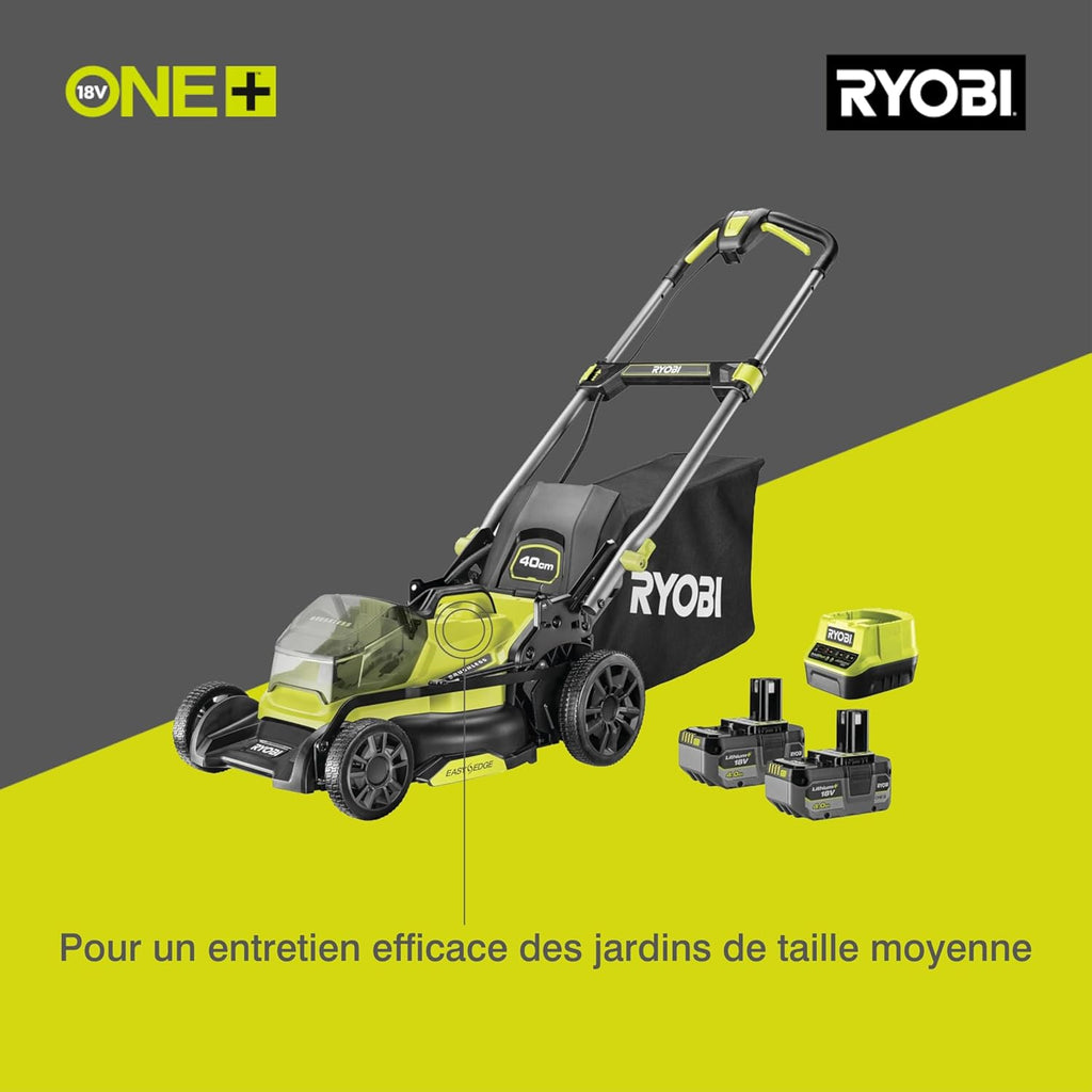 RYOBI 18 V ONE+ Accu-grasmaaier RLM18X33B40 (snijbreedte 33 cm, 5-voudige hoogteverstelling 25-65 mm, inklapbare duwbeugel, incl. mulchplug, 35l grasvangzak, 4,0Ah accu & lader)