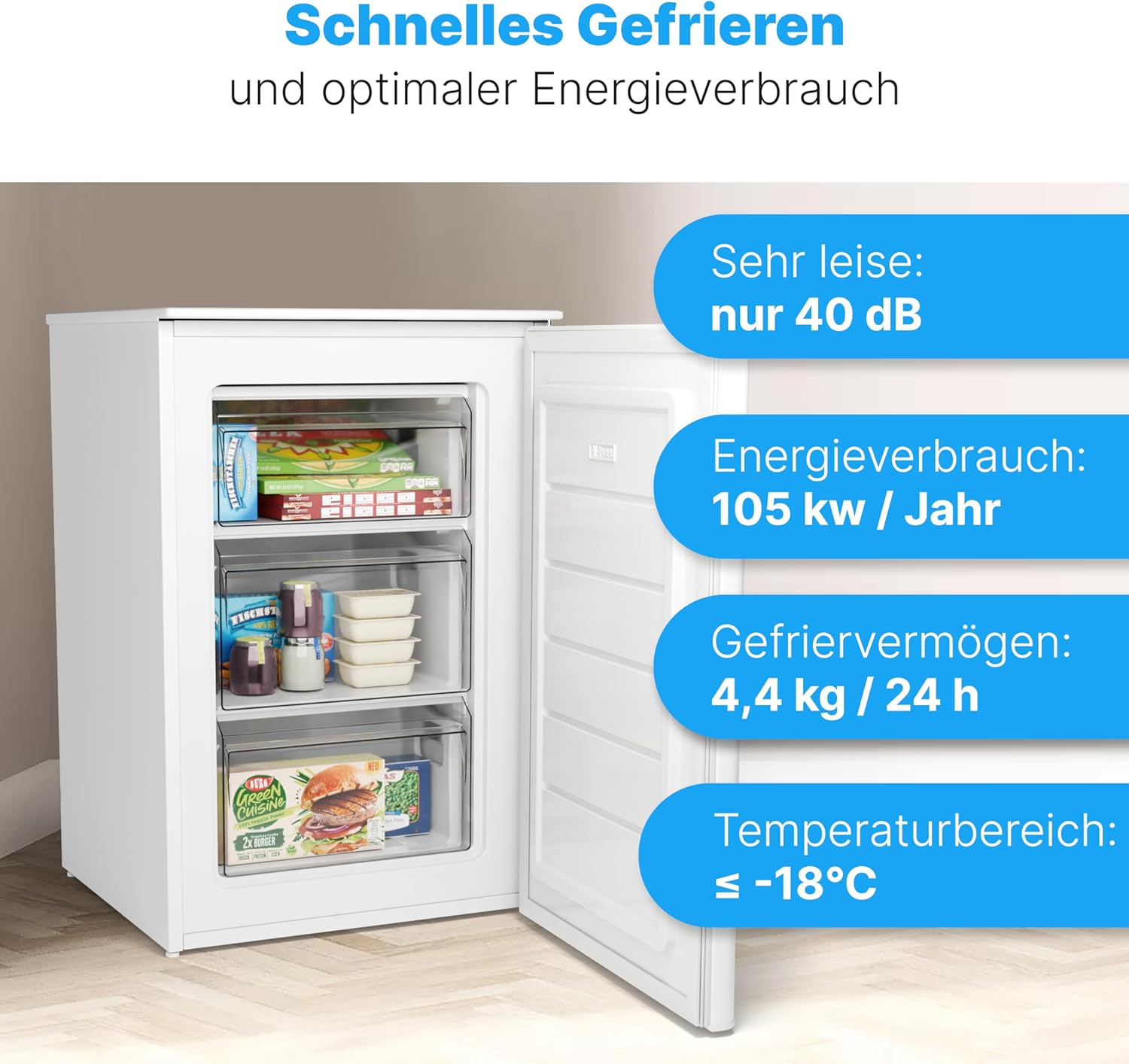 Bomann® Vriezer 87L | Kleine vriezer met temperatuurbereik ≤ -18°C | 3 laden | Vriezer met verwisselbare deuraanslag | Kleine vriezer GS 7253 wit