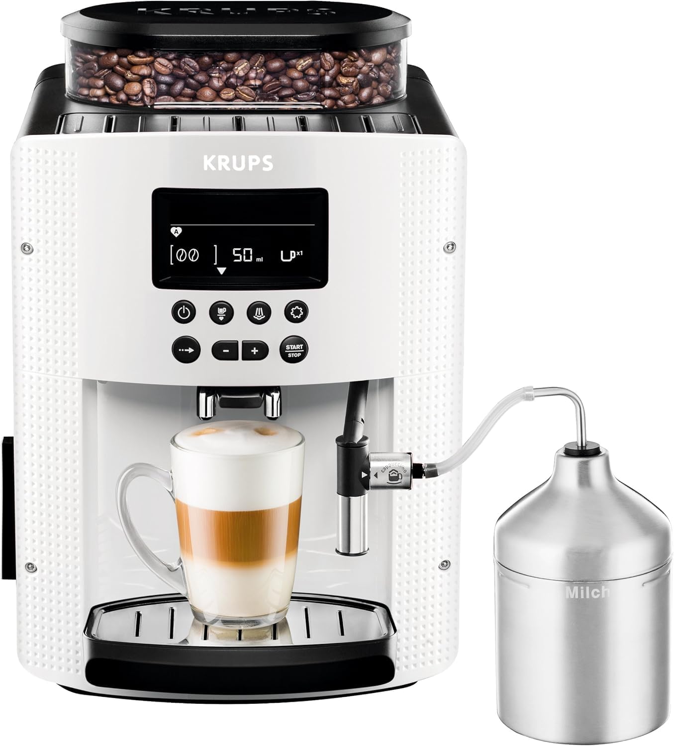 Krups Essential volautomatische espressomachine met melkslang, 2-kopsfunctie, LCD-display, eenvoudige reiniging, koffiezetapparaat, TÜV-keurmerk, zwart, EA816031