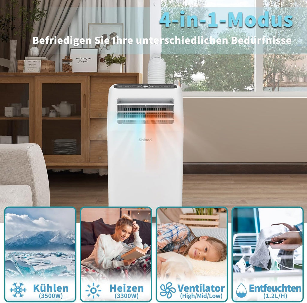SHINCO Mobiele airconditioning met luchtafvoerslang, 9000 BTU, 2,6 kW, Koelen&Ventileren&Ontvochtigen, Mobiel airco-apparaat met slaapstand, Ruimte tot 22㎡, 24-uurs timer