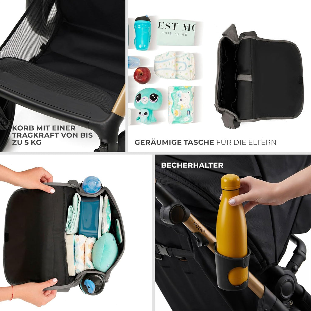 Kinderkraft MOOV2 AIR Kinderwagen 3 in 1 Kinderwagenset tot 26 kg met autostoel I-SIZE 40-75 cm, buggyfunctie, verstelbare ligstand, grote uitschuifbare kap, opblaasbare wielen, zwart