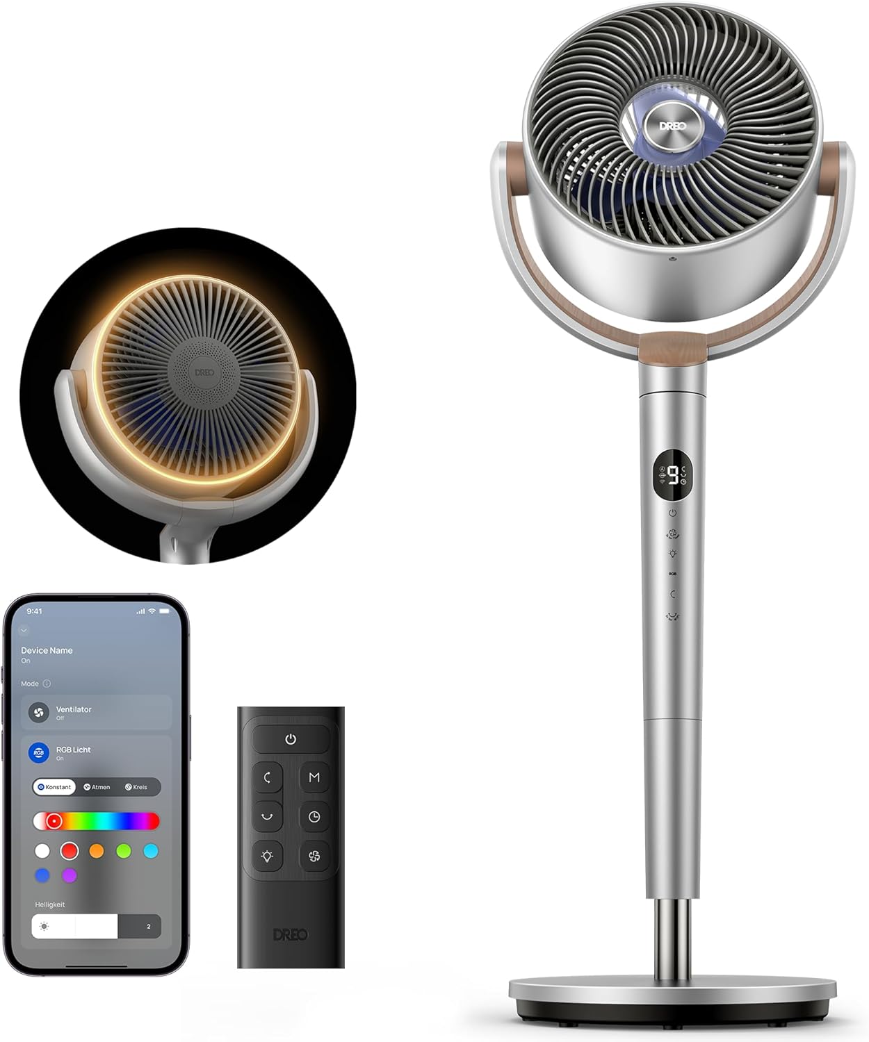 Dreo Slimme Staande Ventilator met RGB-licht, 120° +120° Oscillerende Ventilator met Afstandsbediening, 20dB Stille Vloerventilator voor Slaapkamer, 8H Timer, Zilver