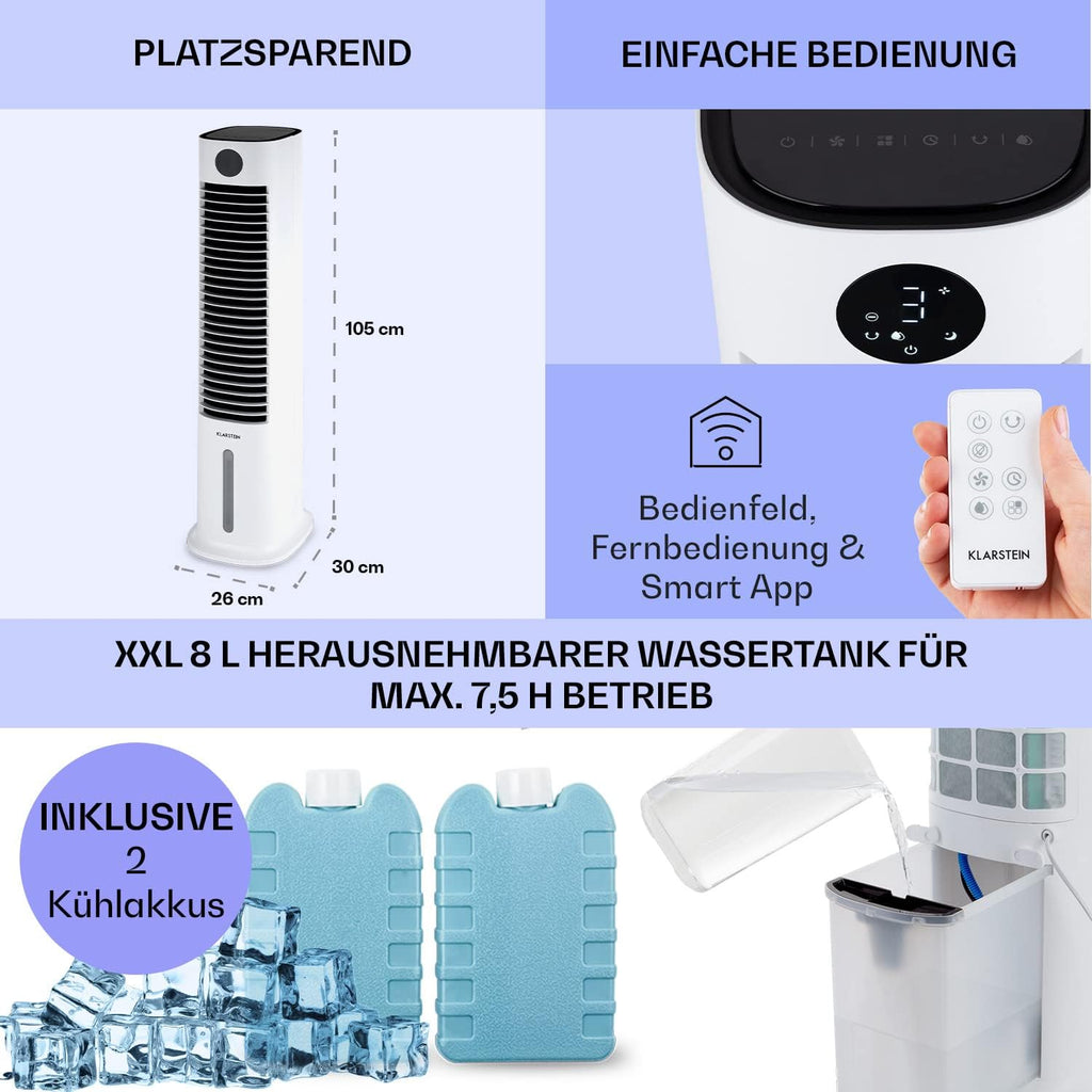 Klarstein Luchtkoeler met Waterkoeling, 5-in-1 Verdampingskoeler, Luchtbevochtiger, Ventilator & Luchtreiniger, Mobiele Airconditioner Luchtkoeler met App-Bediening, 80W Air Cooler, 462m³/h Luchtstroom, Wit