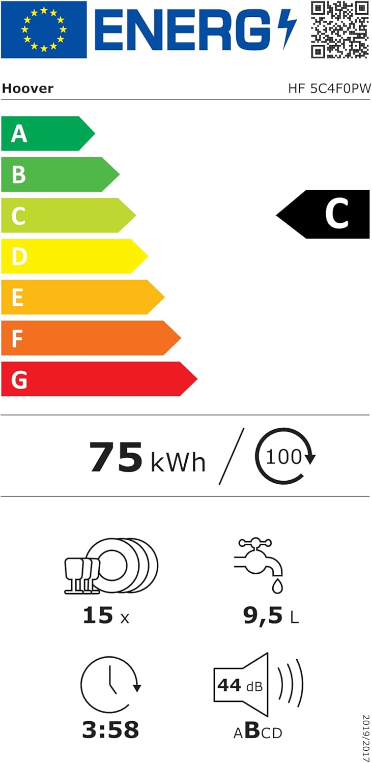 Hoover HF 4C6F0PW vaatwasser; 14 couverts; Vrijstaand, 60 cm breed; Energie-efficiëntieklasse C; Slimme bediening met wifi + bluetooth-technologie