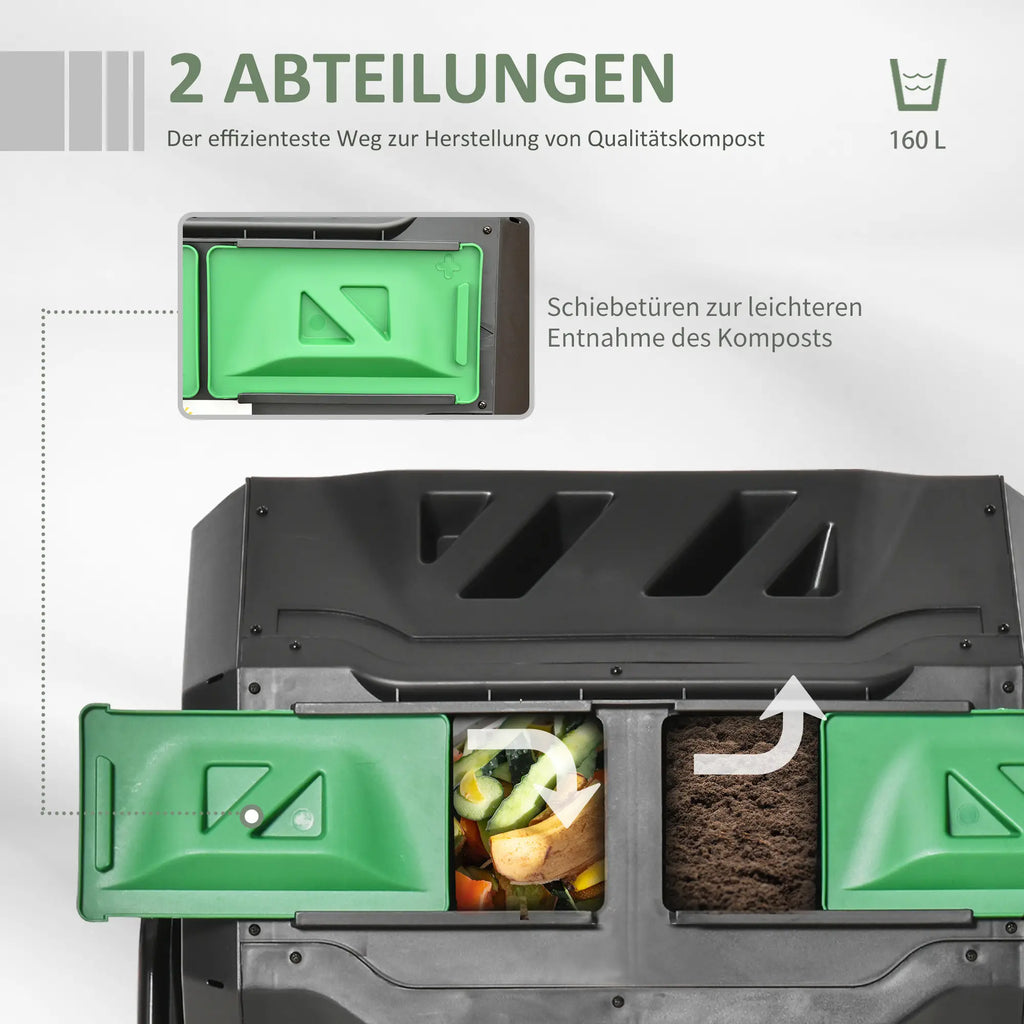 Outsunny Trommelcomposter met 2 kamers 360° draaibaar