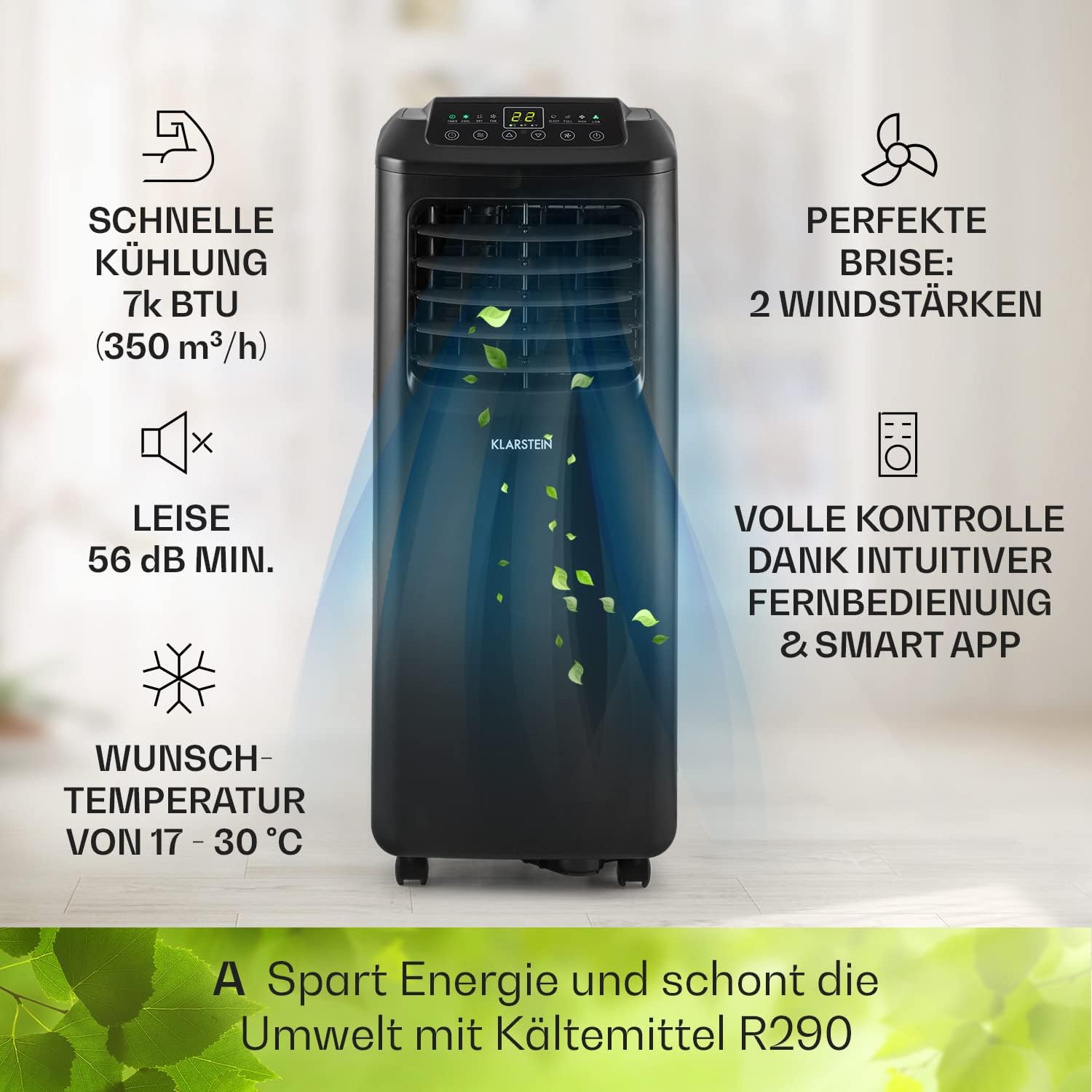 Klarstein Airconditioner, 4-in-1 Airconditioningsysteem, Luchtontvochtiger, Ventilator & Nachtmodus, Mobiele airconditioner met afvoerslang, App-bediening, Airconditioner voor ruimtes tot 44 m², 9000 BTU, Wit