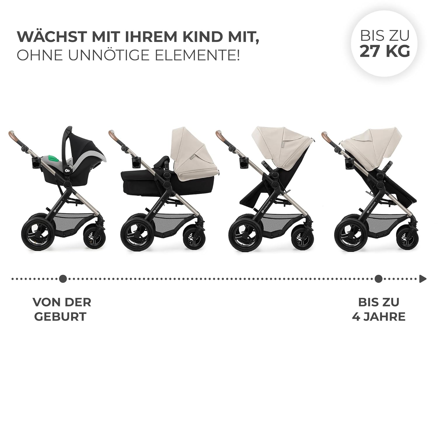 Kinderkraft MOOV2 AIR Kinderwagen 3 in 1 Kinderwagenset tot 26 kg met autostoel I-SIZE 40-75 cm, buggyfunctie, verstelbare ligstand, grote uitschuifbare kap, opblaasbare wielen, zwart