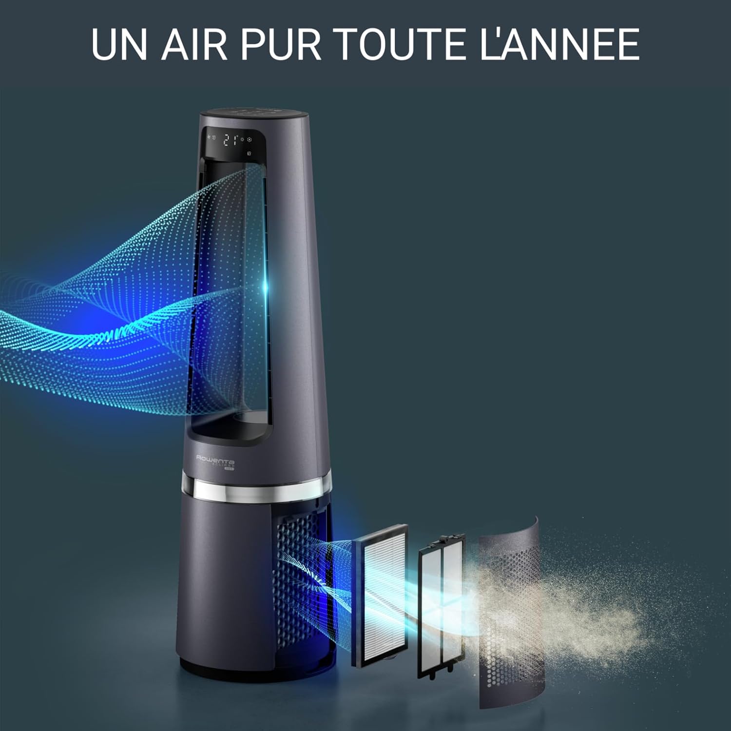 Rowenta QU5062 Eclipse 3-in-1 luchtreiniger | Heteluchtkachel | Ventilator | filtert 99,9% van de deeltjes | voor ruimtes tot 30 m2 | snelle verwarming tot 35°C | automatische dag- en nachtmodus | Zwart/Grijs
