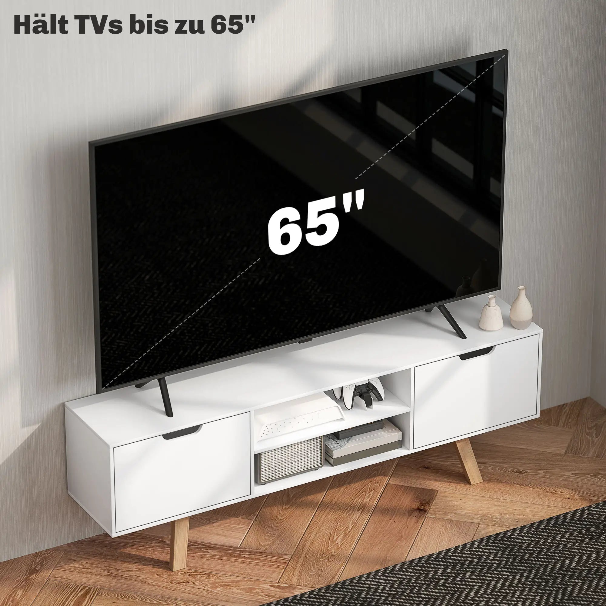HOMCOM TV-meubel 65 inch met kabelbeheer en 2 kasten Wit