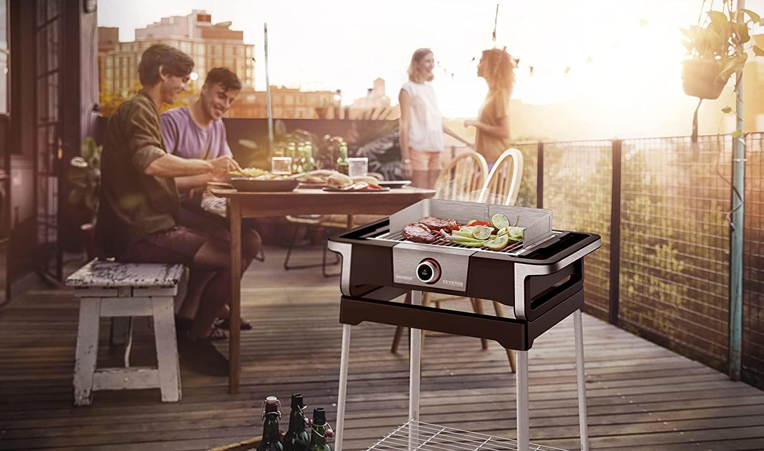 SEVERIN SENOA DigitalBOOST S elektrische barbecue met onderstel, staande barbecue met snelle start tot 500 °C, balkonbarbecue met SafeTouch-oppervlak, RVS/zwart, PG 8118