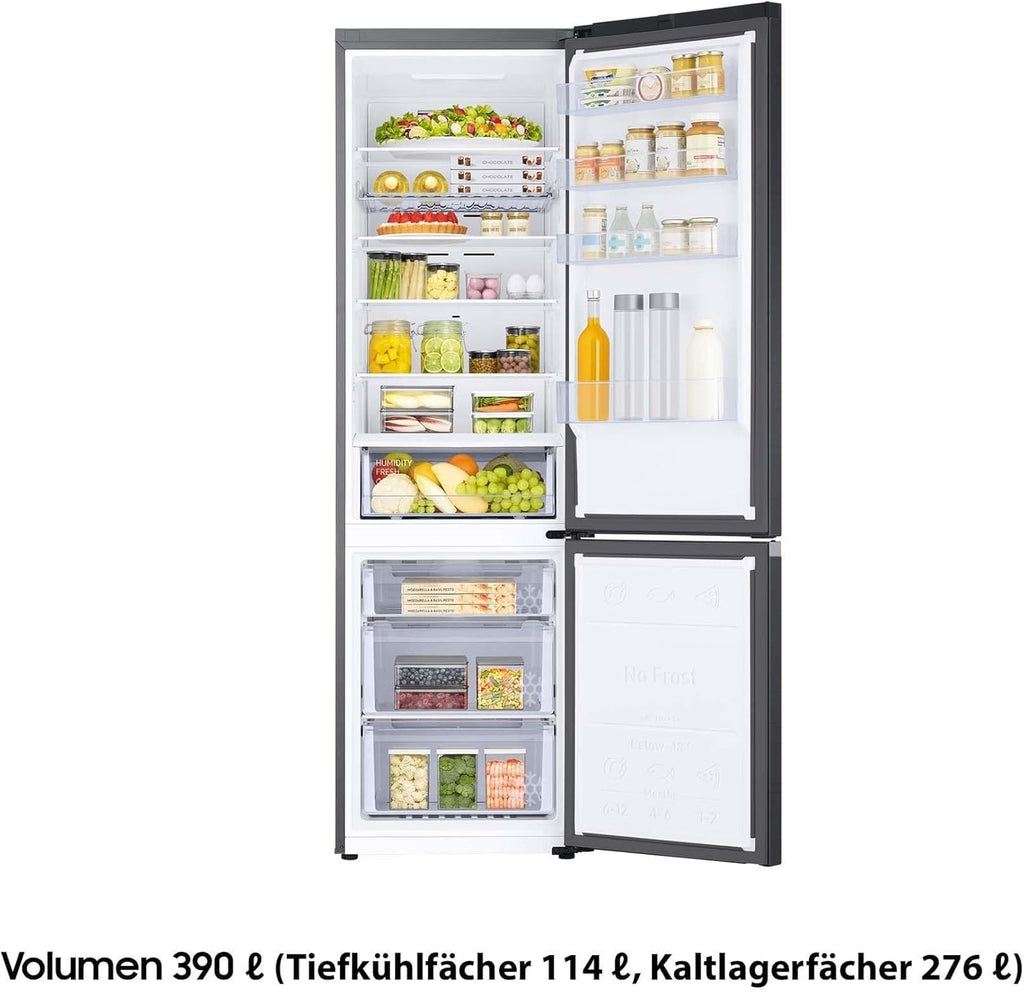 Samsung Koel-vriescombinatie, Koelkast met vriesvak, 203 cm, 390 l totaal volume, 114 l vriesgedeelte, AI Energy Mode, flessenrek, Premium Black Steel, RL38C602CB1/EG