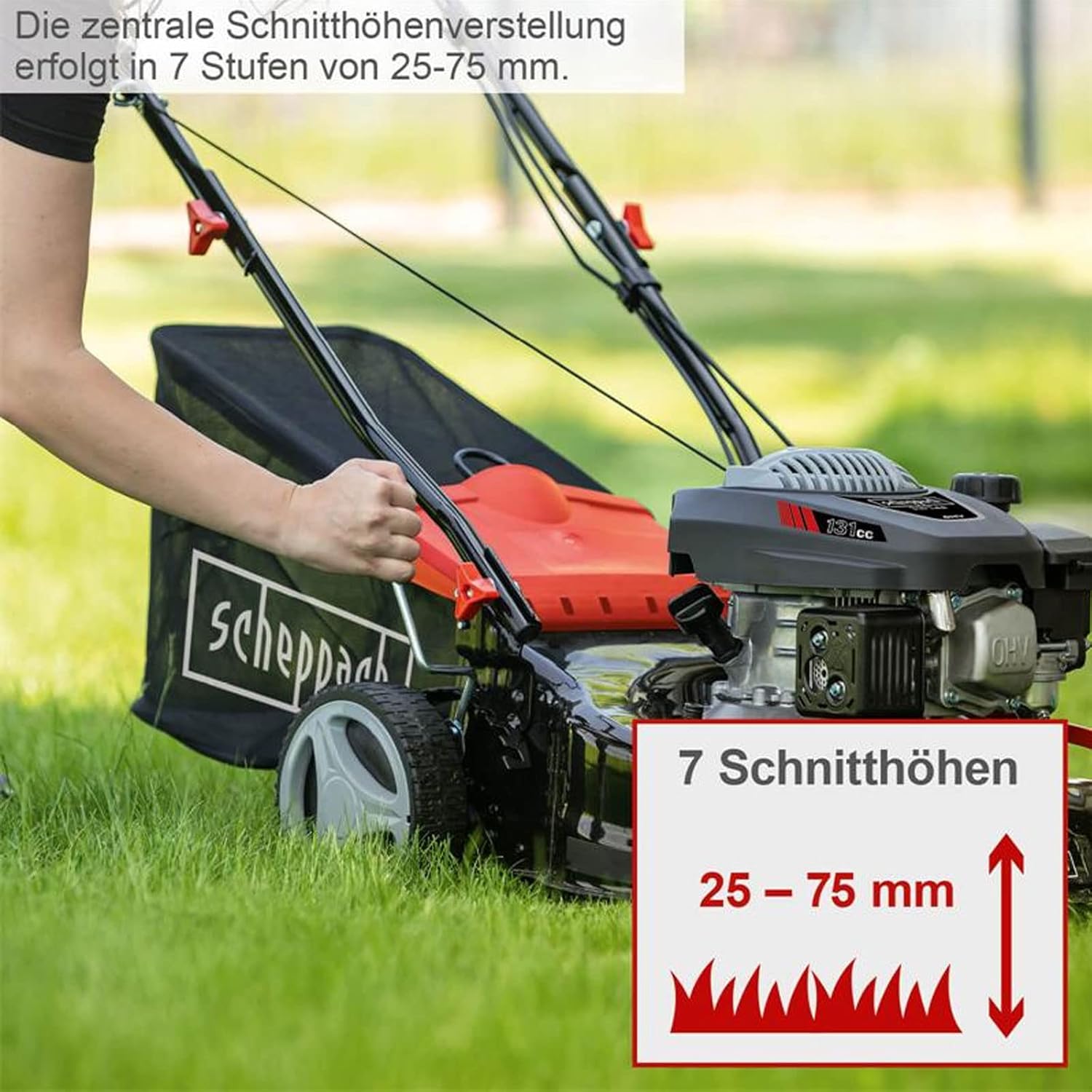 Scheppach Grasmaaier RM420 | 3-in-1-3,4PK | Maaibreedte 420mm | 45L Opvangbak | Maaihoogteverstelling 25-75 mm | incl. Motorolie