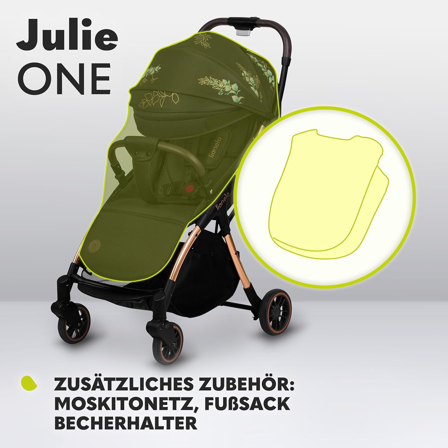 LIONELO Julie One Buggy kinderwagen tot 22 kg, verstelbare rugleuning en voetsteun, muskietennet, beenwarmers, bekerhouder en draagtas, inklapbaar