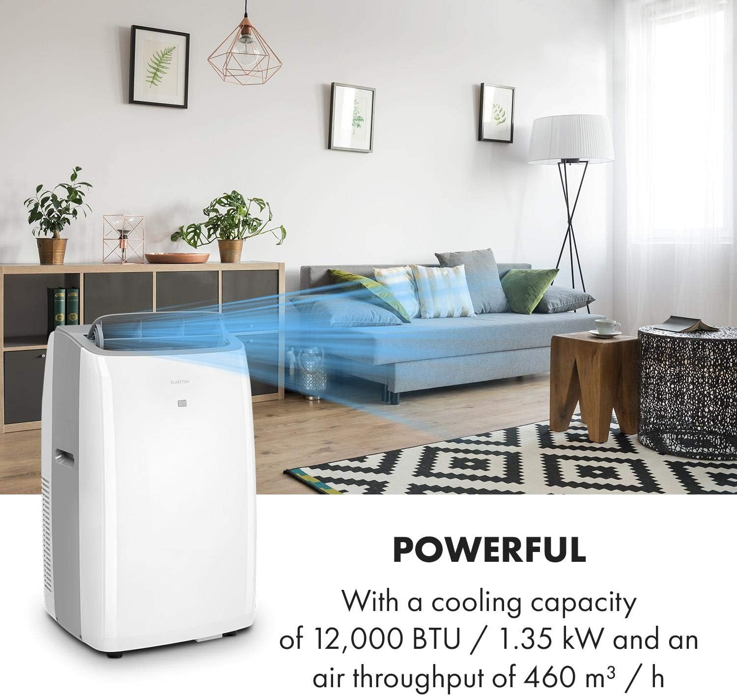 KLARSTEIN Grandbreeze Pro 14K – Mobiele airconditioner, luchtontvochtiger, ventilator, 3 snelheden, 14000 BTU/1,65 kW, ruimte: 42 tot 68 m², luchtstroom: 460 m³/u, CEE A – Wit airco