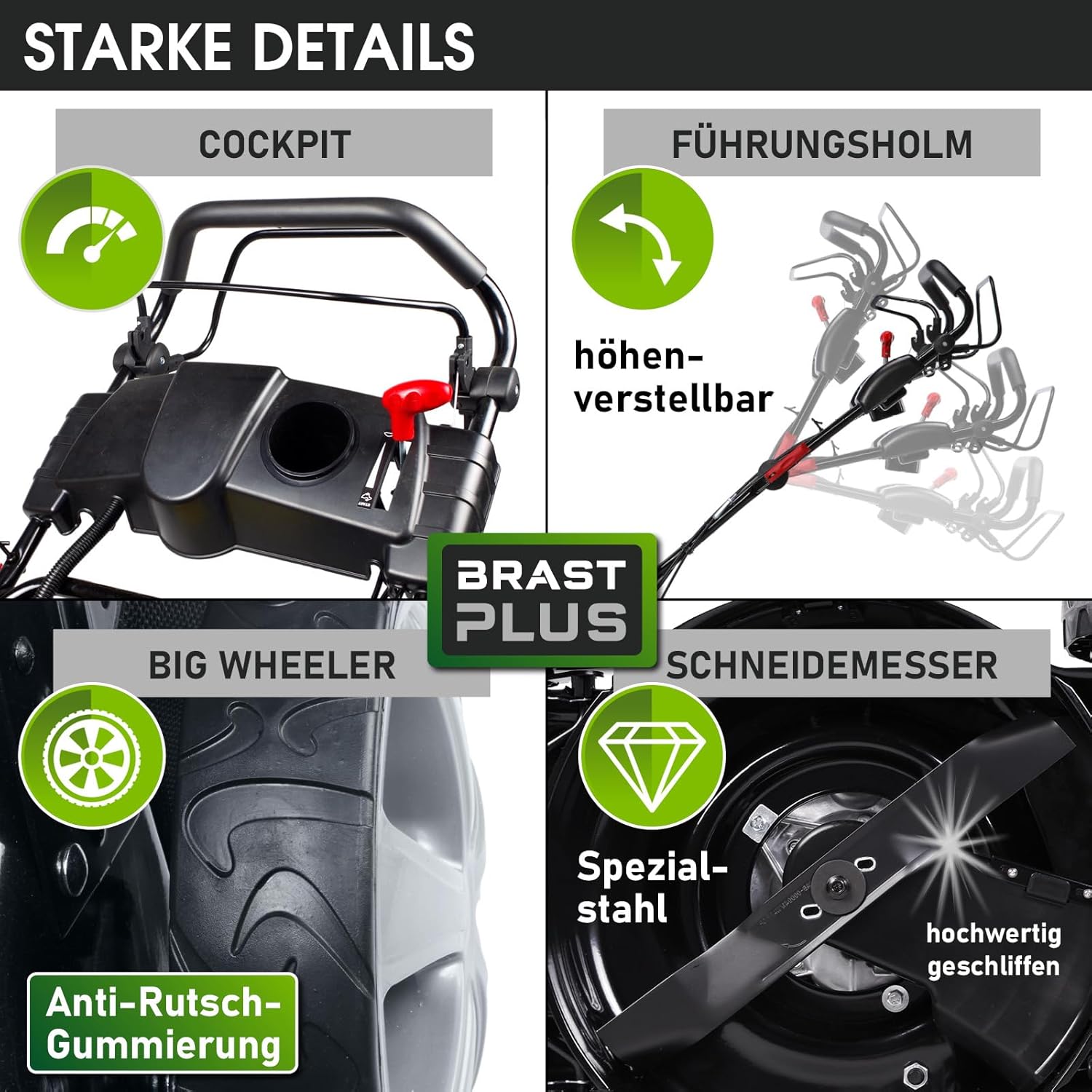 BRAST Benzin grasmaaier met aandrijving | 5,2kW(7PK) | elektrische start | 48cm snijbreedte | vele modellen | TÜV | 4-takt OHV motor | 30-80mm maaihoogte | 60L opvangbak | stalen behuizing | 19224 ESTART Speed