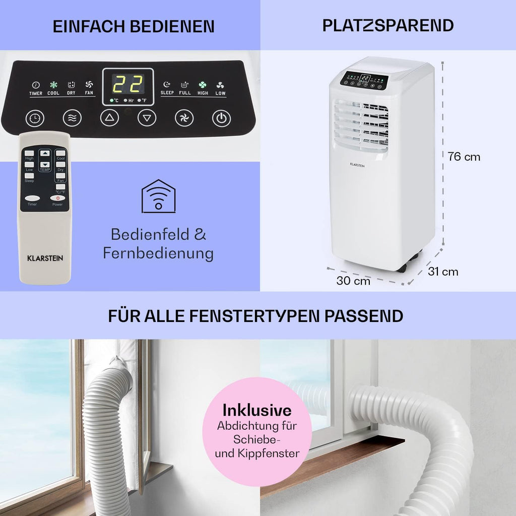 Klarstein Airconditioner, 4-in-1 Airconditioningsysteem, Luchtontvochtiger, Ventilator & Nachtmodus, Mobiele airconditioner met afvoerslang, App-bediening, Airconditioner voor ruimtes tot 44 m², 9000 BTU, Wit