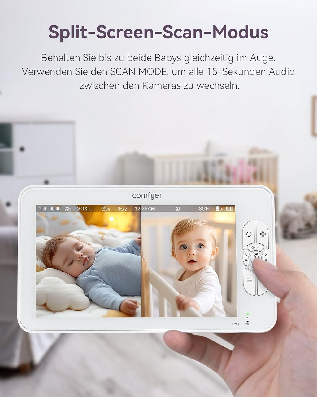 Comfyer Split-Screen Babyfoon met 2 Camera's, 7" HD 720P Videobabyfoon zonder wifi met Beugel, IR-Nachtzicht Groothoeklens Vox-modus 2-Weg Audio 292m Bereik Video Surveillance Apparaten