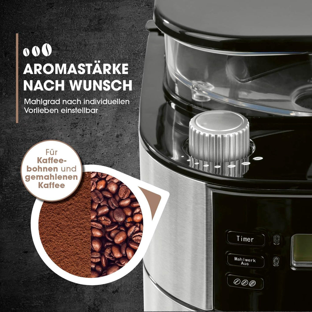 Barista Filterkaffeemaschine mit verstellbarem Mahlwerk & Thermokanne | Warmhaltefunktion, 24h Timer & Permanentfilter | Für 10 Tassen Kaffee | Kaffeemaschine für Bohnen & Pulver [Edelstahl]