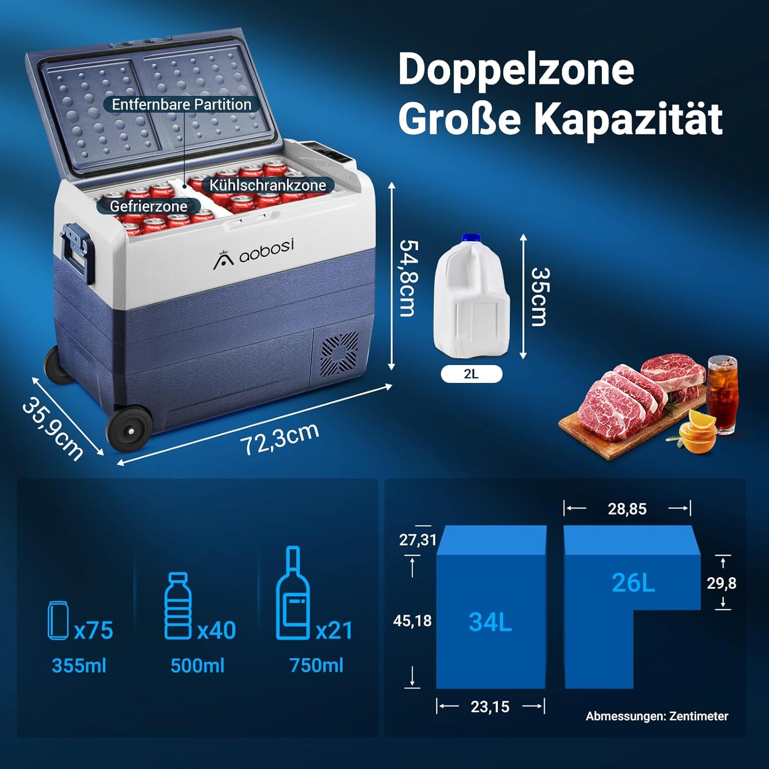 AAOBOSI Compressor Koelbox 36 L, Koelbox Auto met Wifi App Besturing, 12/24 V en 100-240 V Elektrische Koelbox, tot -20 °C voor Auto, Vrachtwagen, Boot, Camper, Camping, Dubbele Zone