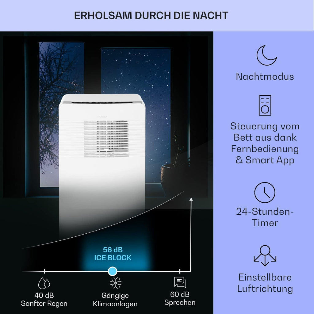 Klarstein Mobiele Airconditioning met Afvoerslang, 3-in-1 Airco met Ventilator, Luchtontvochtiger & Nachtmodus, Kleine & Draagbare Airco voor Thuis & Kantoor, 12000 BTU Laag Verbruik