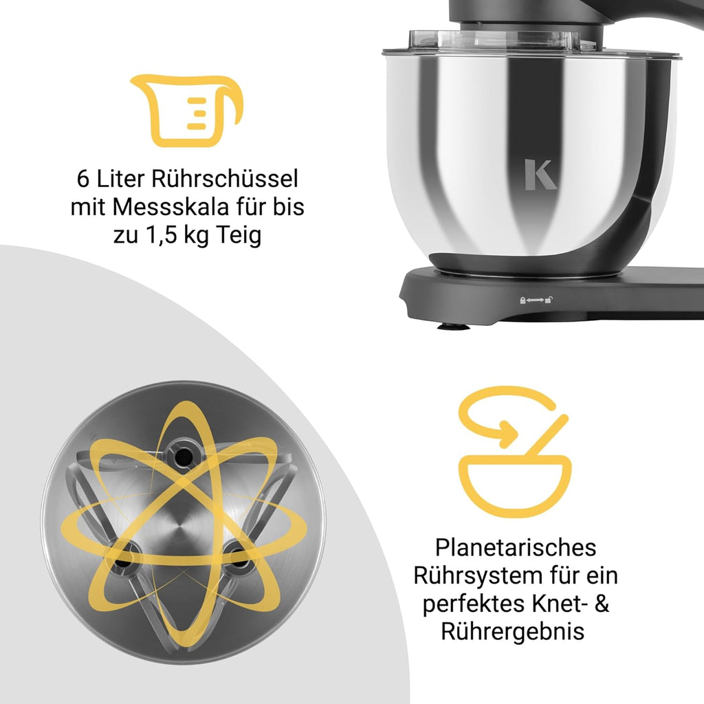 KLAMER Keukenmachine 1800W, Kneedmachine Brooddeeg met RVS Mengkom 6 L, 10 Snelheden met Timer, Planetaire Menging, Klopper, Deeghaak, Garde & Spatscherm (zwart)