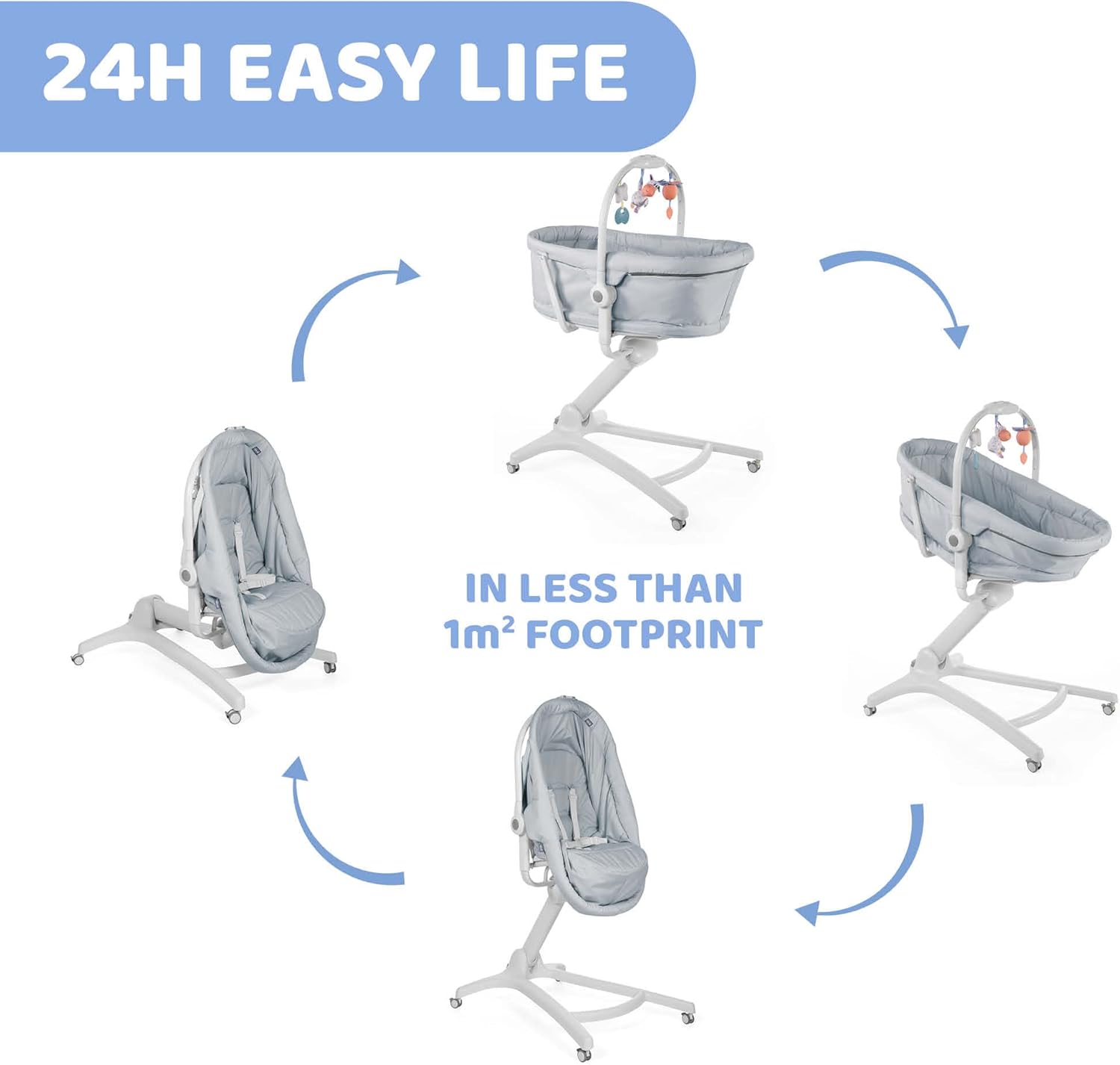 Chicco Baby Hug 4-in-1 wieg vanaf 0 maanden, verhoogde babylounger, babybed, kinderstoel met speelboog, tot 15 kg, verstelbare rugleuning, verstelbare hoogte en 4 wielen