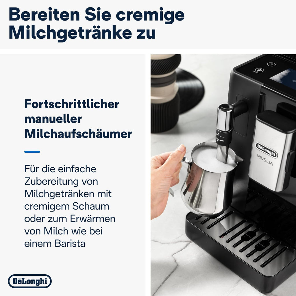 De'Longhi Rivelia EXAM440.55.W volautomatische espressomachine met LatteCrema-melksysteem, verwisselbaar bonenreservoir, 16 koffie- en melkdranken met één druk op de knop, Extra-Shot-functie, 3,5 inch touchscreen, wit