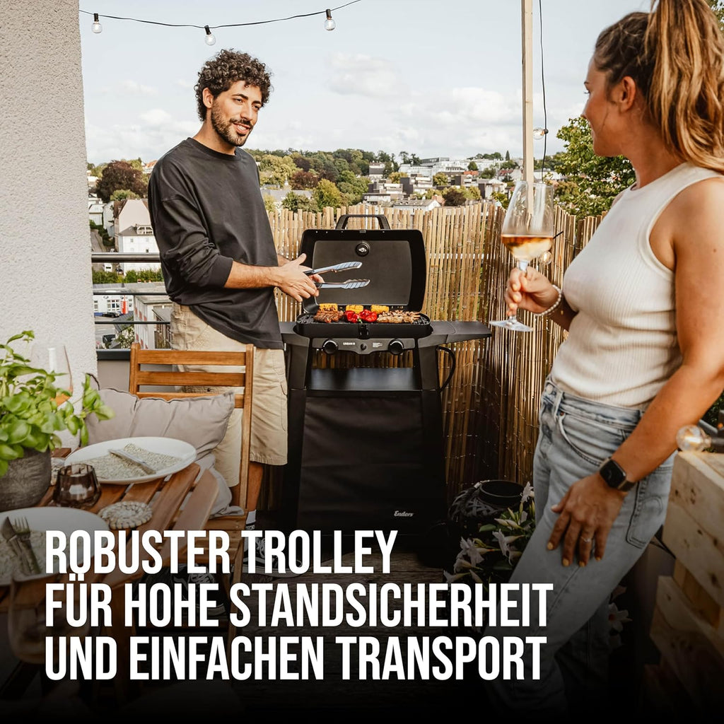 Enders Gasbarbecue Urban II Pro, tafelbarbecue, grill-, kook- en bakfunctie, 2 branders RVS, met grillthermometer, balkon-, campingbarbecue, gegoten aluminium behuizing, gietijzeren rooster, #2062