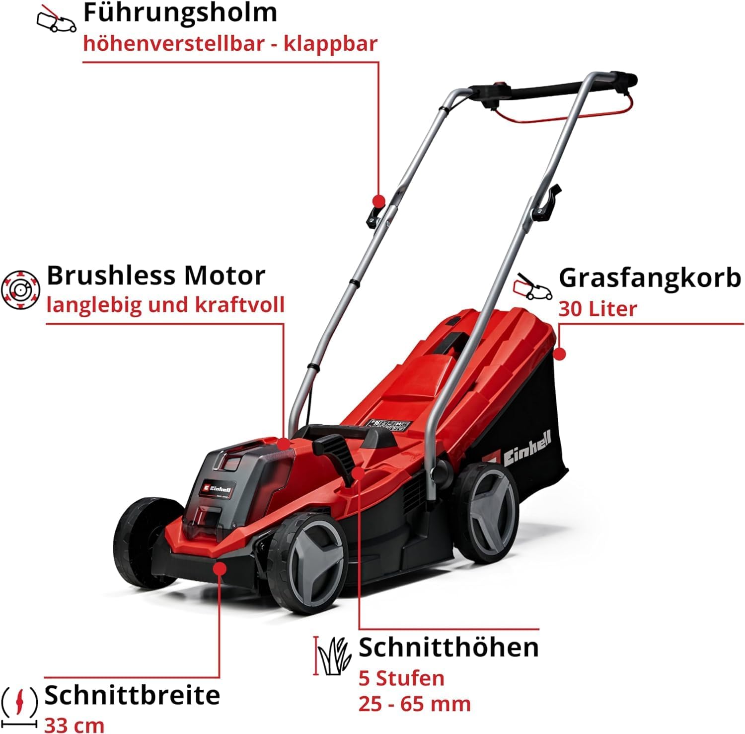 Einhell Accu-grasmaaier GE-CM 18/33 Li Kit Power X-Change (18 V, 33 cm maaibreedte, tot 200 m², borstelloos, 30L opvangzak, 25-65 mm maaihoogte, incl. 4,0 Ah accu + oplader)